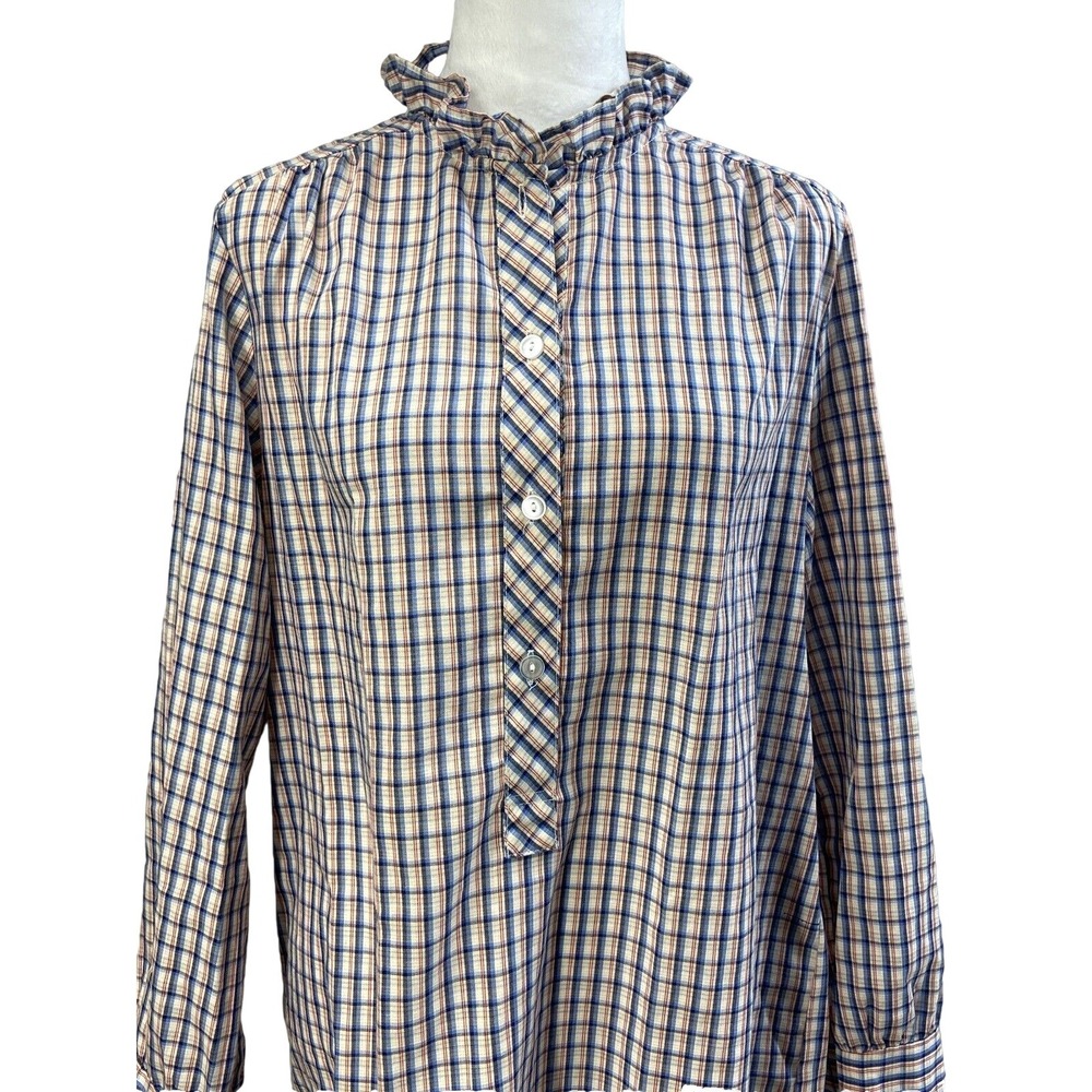 Vintage LynAnne Shirt Dress Womens M Blue Plaid Ruffle High Neck Hong Kong